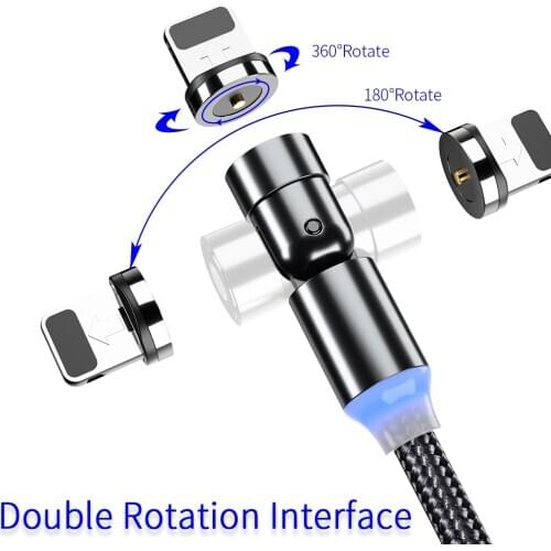 Magnetic Charge Cable 540 Rotate Micro USB Cable LED Light For iphone 8 X Type C For Samsung Xiaomi Android Gaming Charging Wire