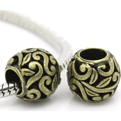 European Style Charm Copper Beads Round Antique Bronze Pattern Pattern About 12mm Dia,Hole: Approx 5.8mm,1 Piece