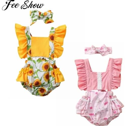 Fashion Newborn Baby Girls Clothes Sets Backless Sunflower Romper Ruffle Sleeve Cotton Jumpsuit Sunsuit Headband Outfits 0-28M