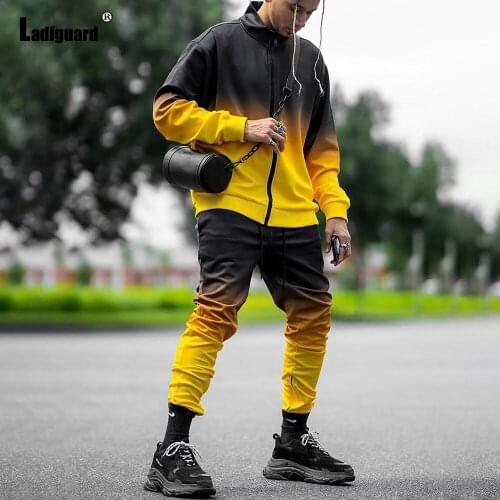 Ladiguard 2021 New Gradient Print Men Sets Fashion Zipper Sweatshirt And Long Pants Plus Size Mens Two Piece Outfits ropa hombre
