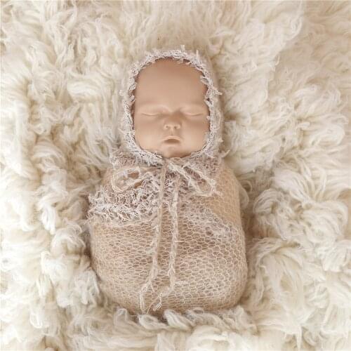 Newborn Girl Lace Hat and Wrap Set Stretch Knit Wrap Newborn Outfit Beige Mohair Newborn Bonnet Set Infant Hat Baby Layer Props