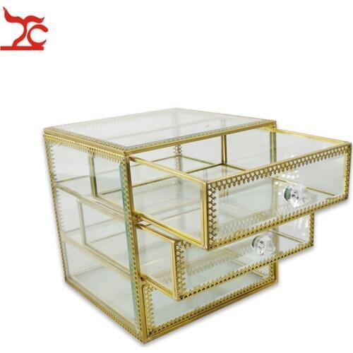 Quality 3Layer Gold Metal Clear Glass Cosmetic Storage Display Box Wedding Engagement Women Jewelry Organizer Drawer Stand Rack