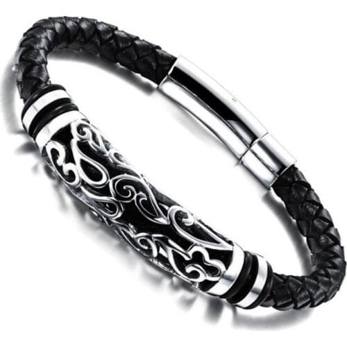 Personality Fashion Mens Hand Wear Leather Rope Braided Bracelet Classic Hollow Stainless Steel Casual Jewelry