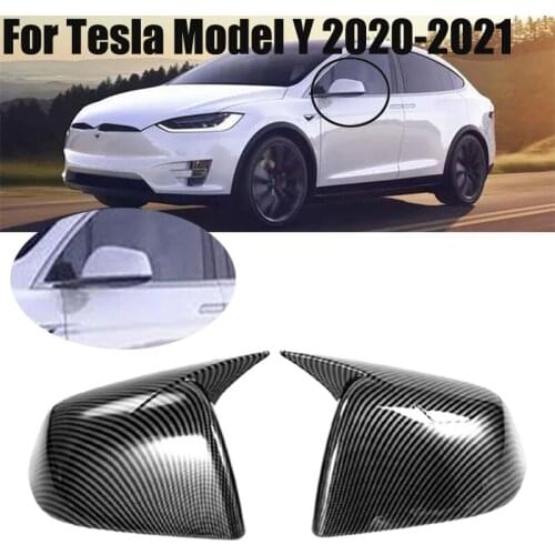 A Pair Carbon Fiber Black Car Exterior Side Door Mirror Cover Trim For Tesla Model Y 2020-2021 ABS Rear Mirror Cover