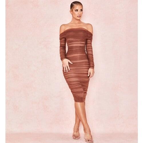 HQBORY Women Black Off Shoulder Knee Length Long Sleeve Bodycon Club Bandage Dress Vestidos Elegant Celebrity Party Dress