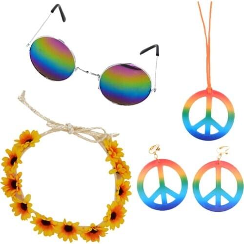 Beach party cosplay Hippie Headband Peace Sign Earring Peace Necklace Fancy Cosplay Costume Party Props Hippy Accessories
