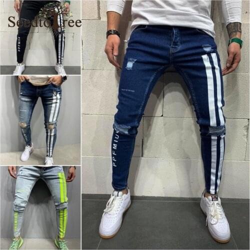 Mens Slim Jeans Ripped Denim Casual Pants Men Print Hole Pencil Pants Denim Trousers