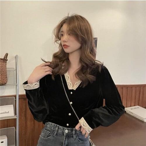 Shirts Women Long Sleeve Lace Spring Elegant Mujer De Moda Patchwork Shirt V-neck Cozy Korean Style Sweet Ropa Crop Blouses