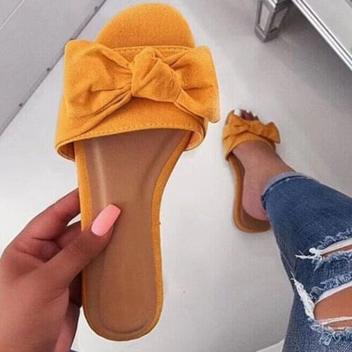 2021 Women Bow Slippers For Home Woman Flat Solid Peep Toe Female Sewing Beach Casual Ladies Summer Big Size Footwear