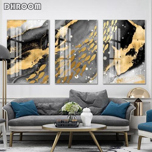 Nordic Abstract Canvas Painting Light Luxury Golden Fish Wall Art Posters Prints Modern Decoration Wall Picture for Living Room