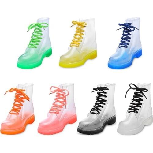 Women Rain Boots Fashion Transparent Candy Color Soles Outdoor Girl Shoes Mature Ladies Lace Up Waterproof Ladies Shoes