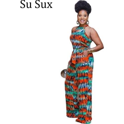 Print Sleeveless Jumpsuit Women African Clothes Backless Wide Leg Pants Rompers and Belt Vestidos Female Overalls 2021 Summer