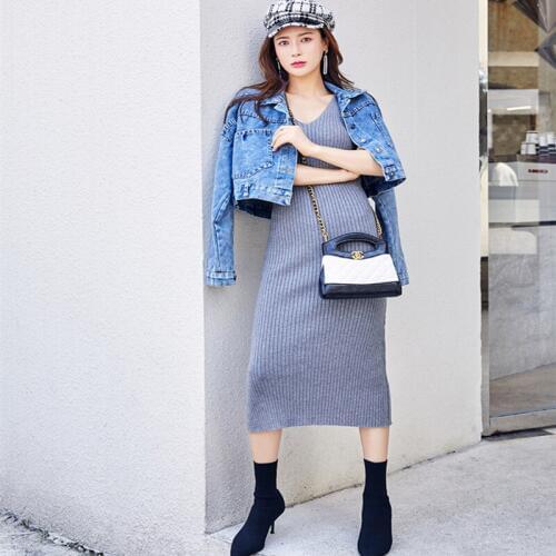 2019 Autumn Womans Short Coat+Knitted Dress Sets Solid Color Female Casual Two-Pieces Suits Denim Jacket Knit Long Dress Winter
