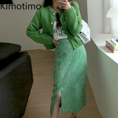 Women Two Piece Sets Korean Chic Vintage O-neck Single Breasted Fashion Knit Cardigan + High Waist Split Tweed Mid-length Skirt