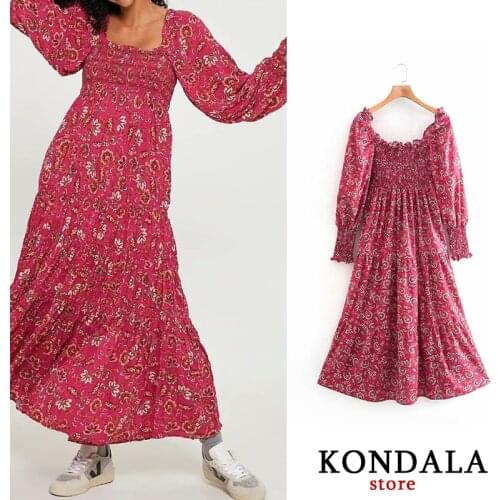 KONDALA Za 2020 Fashion Women Dress Vintage Floral Print Suqare Collar Dresses Elastic Long Sleeve Mid-Calf Vestidos Mujer
