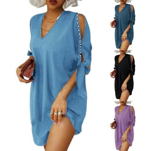 2021 New Women Dress V Neck Lace Up Summer Hollow Out Sleeve Beaded Dress for Office