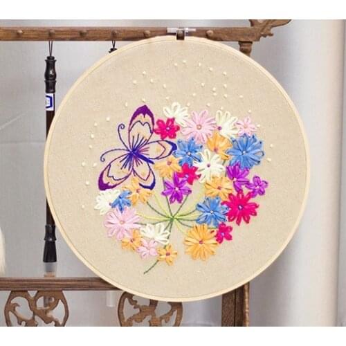 30cm Flower plant Ribbon embroidery kit small multi pictures stamped canvas fabric embroidery needlework home decoration