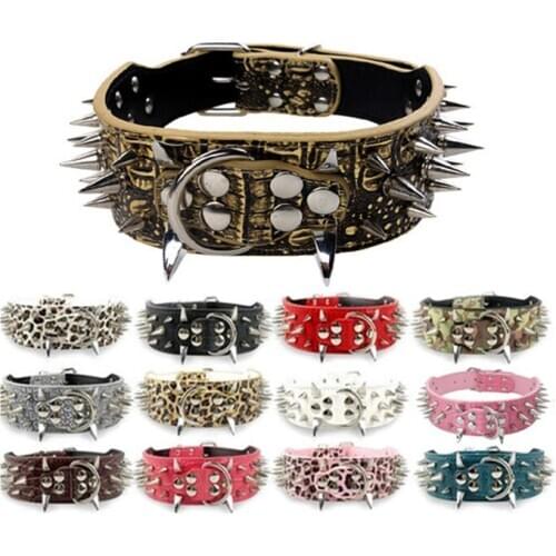Large X-Large Training Dogs Luxurious Leather Dog Collar Sharp Spike Studded Dog Collars for Rottweiler Pitbull