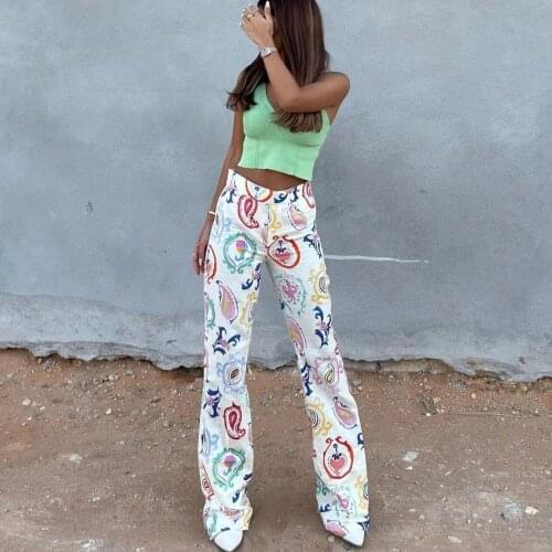 JUNWU Summer Womens White Printed Linen Zipper Straight Pants Shrink Waist Design Loose Breathable Pants Sexy Za Holiday Style