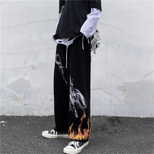 Black Summer Gray Pants Harajuku Loose Flame Japan Cool Autumn Trousers Fashion Funny Straight Hip Hop Gothic Pants Women