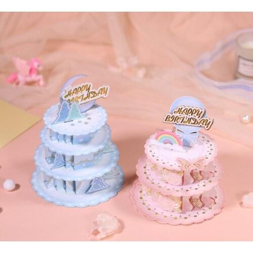3D Handmade Cartoon Pink Blue Birthday Cake Display Paper Invitation Greeting Cards PostCard Boys Girls Birthday Party Gift