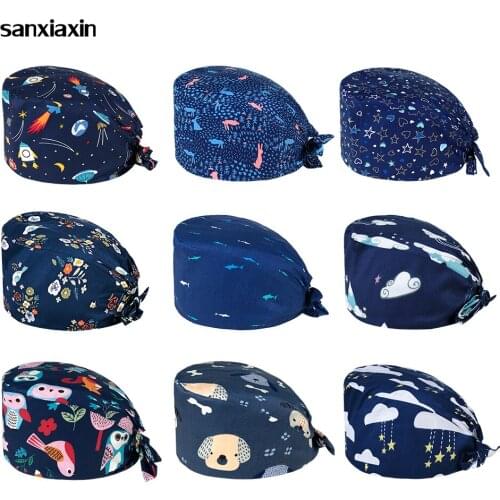 Breathable cartoon printing doctor sweat-absorbent surgical cap nurse head hair Baotou scrubs hats beauty salon nursing caps new