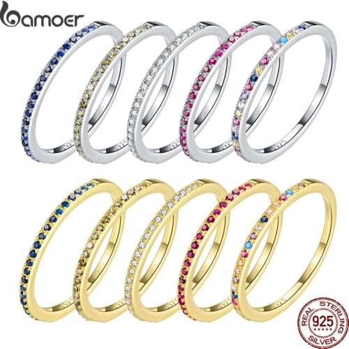 BAMOER 925 Sterling Silver Gold Plated Crystal Wedding Female Rings for Women Simple Geometric Ring Sterling Silver Jewelry