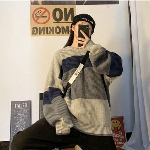 Korean Winter Couples Ulzzang fashion y2k loose hip hop women clothing college stripe long-sleeved women Sweatshirt streetwear