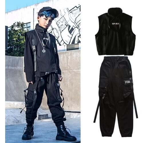 Boys Hip Hop Clothing Cool Stage Costume Black Suit Kids Vest Long Sleeves Street Dancewear Girls Modern Jazz Clothing VDB2523