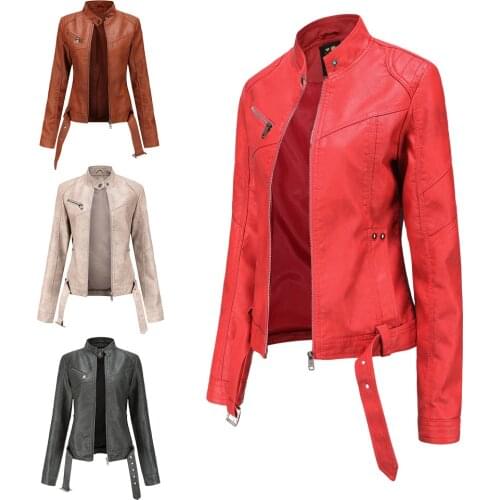 2021 New Autumn Women Pu Leather Jacket Zipper Belt Short Coat Female Black Bomber Faux Leather Outwear
