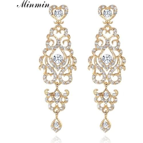 Minmin Elegant Chandelier Long Earrings for Women Gold/Silver Color Crystal Wedding Earrings for Brides Bridesmaid Gift MEH950