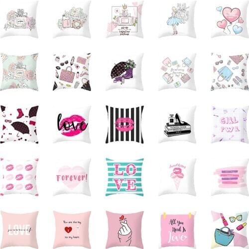 Fashion Girl Perfume Bottles Cushion Cover Hand Painted Bag Lipstick Floral Polyester Pillowcase Valentines Day Gift Home Decor