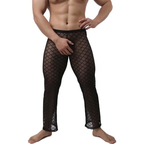 2019 Men Sexy Mesh Long Pant Sheer See-Through Loose Fit Pants Straight Leg Nightwear Pant