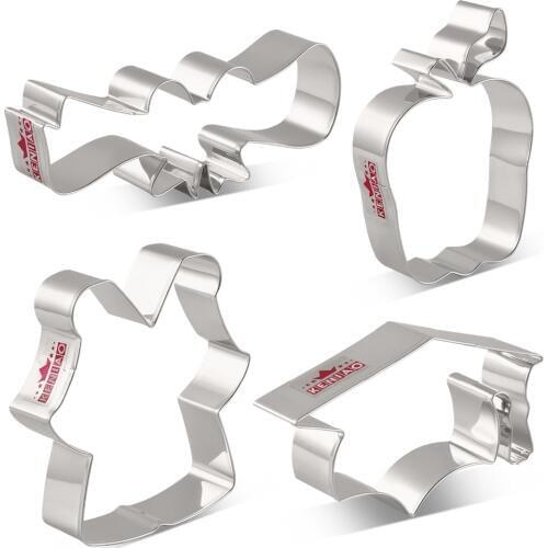 KENIAO Graduation Cookie Cutter Set - 4 PC - Graduation Cap, Diploma, Graduation Gown and Apple Cutters - Stainless Steel