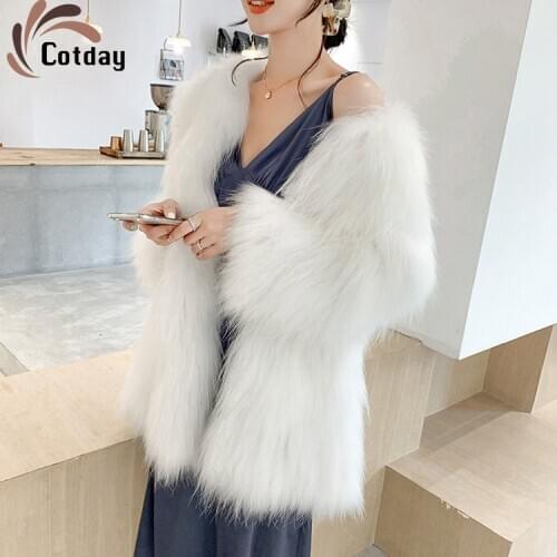 Cotday Slim Casual O-Neck Knitting Medium Long New Fashion Womens Fur Coat For Women 2021 Fox Like Fur Winter Warm Coats