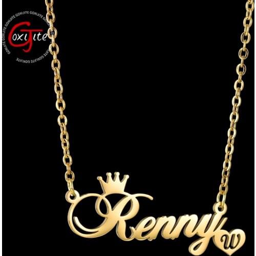 Goxijite Fashion Custom Name Choker Necklace with Crown Personalized Cursive Letter Nameplate Heart Necklaces For Lover Jewelry