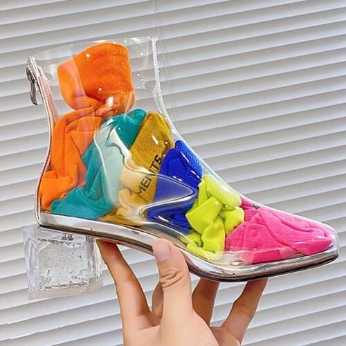 Sexy Transparent PVC Women Ankle Boots Fashion Clear Square Heel Waterproof Female Shoes Zipper Opening High-heel Boots 35-40