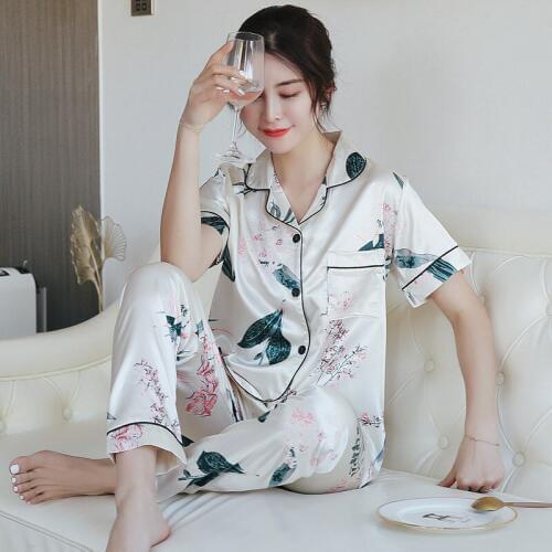 Summer short sleeved trousers imitation silk womens cardigan Lapel Pajama household suit Full Length pajamas for women