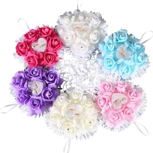 Pillow Cushion Pearls Heart Shape Wedding Favors Ring Pillow Bridal Platic Box Rose Flowers