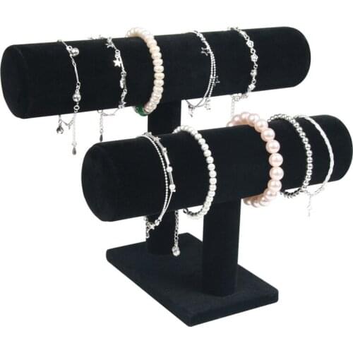 Black Velvet Bracelet Display 2layers Chain Watch T-Bar Rack Jewelry Display Organizer Hard Display Stand Holder