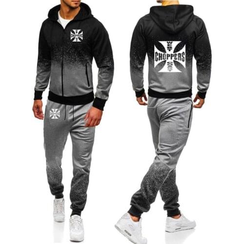 Hoodies Men West Coast Choppers Gradient Print Casual Harajuku Gradient Hooded zipper Jacket Sweatshirt Sweatpants Suit 2pcs