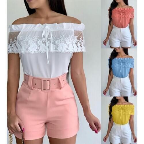 2021 Summer Women Elegant Stylish Party Top Female Fashion Basic Casual Shase Neck Off Shoulder Lace Up Solid Blouse