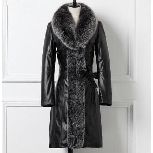 Leather Jacket Winter Jacket Women Fox Fur Collar Genuine Sheepskin Coat Female Warm Long Down Jacket Plus Size MY4372