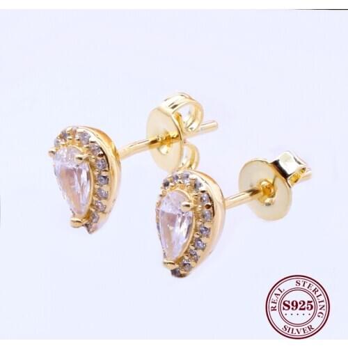 Original 925 Sterling Silver Earrings Sparkling Teardrop Gold Colour Earrings For Girlfriend Women Gift Jewelry