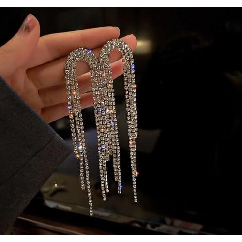 IOY IRENE Fashion Tassel Crystal Chain Drop Earrings For Women Vintage Full Rhinestone Earrings Party Jewelry 2021