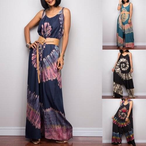 Women Fashion Long Jumpsuit Tie Dye Printed Wide Leg Belted Loose Jumpsuit Loose Casual Lacing Streetwear Style Plus Maxi Size