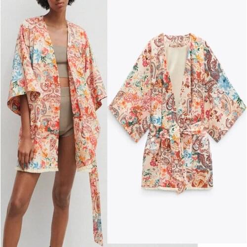 Za 2021 Patchwork Print Kimono Woman Blouse Summer Wide Sleeve Loose Long Top Chic Belt Japanese Vintage Cardigan Blouse Women
