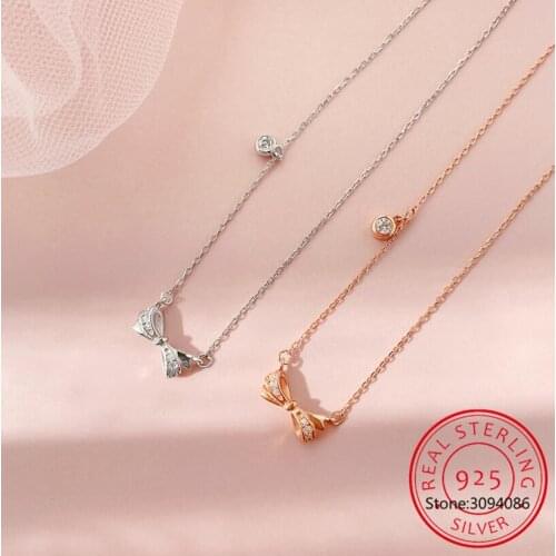 925 Sterling Silver Delicate Bowknot Necklaces For Women Micro Pave Zircon Necklace Gift collares Colar de Prata S-N458