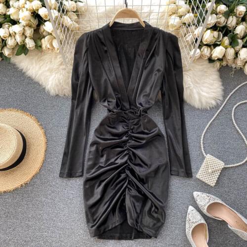2021 Woman Sexy Deep V Short Sheath Dress Spring Ruched Slim Solid Fashion Pencil Dress Bohemian Style Chic Slim Golden Dresses