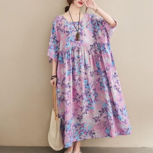 New Arrival 2021 Summer Fashion Short Sleeve Women Dress Robe Female Oversize Cotton Linen Maxi Long Dress One Piece Boho Dress